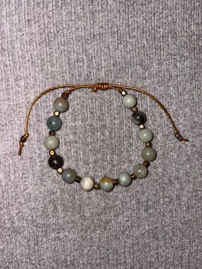 Bohemian theme white, blue & gray stone adjustable bracelet on copper tone cord